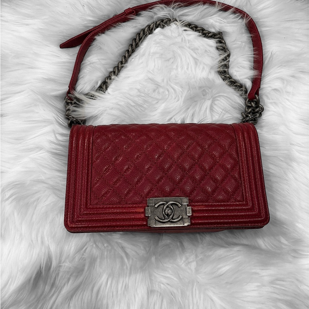 Chanel Red Quilted Caviar Medium Boy Bag with Chain Strap